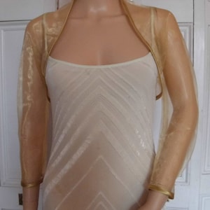 Gold organza shrug three-quarter length sleeve bolero/shrug/jacket  with satin edging