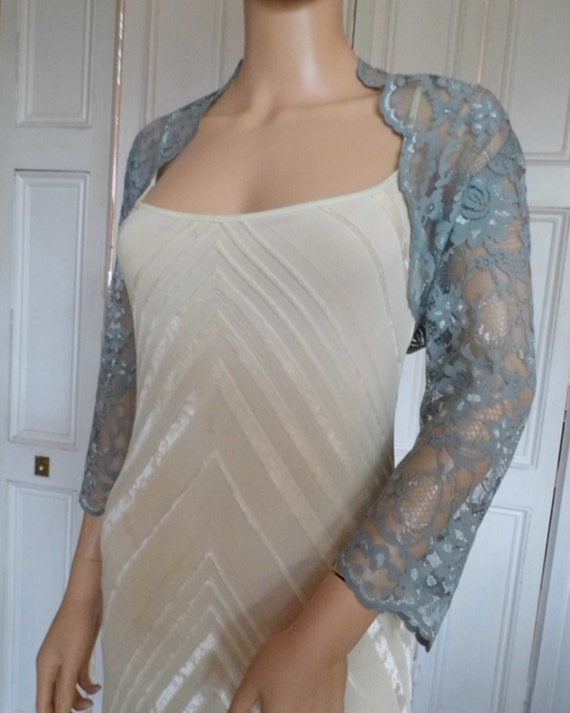 Silver Grey Lace Three quarter Length Sleeved Scalloped Edged
