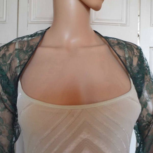 Dark green lace three-quarter length sleeved bolero/shrug/jacket  with satin edging