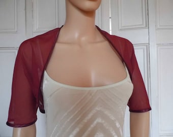 Burgundy wine chiffon ELBOW length sleeve bolero/shrug/jacket  with satin edging