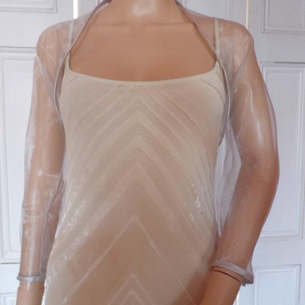 Silver organza shrug three-quarter length sleeve bolero/shrug/jacket  with satin edging