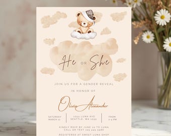 Teddy Bear Gender Reveal Invitation | Boho Neutral (Digital Download)