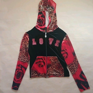 Vintage Y2K Love Amour Velour Hoodie Sz L Black Full Zip LOVE Roses Whimsigoth