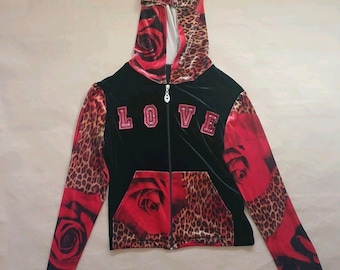 Vintage Y2K Love Amour Velour Hoodie Sz L Black Full Zip LOVE Roses Whimsigoth