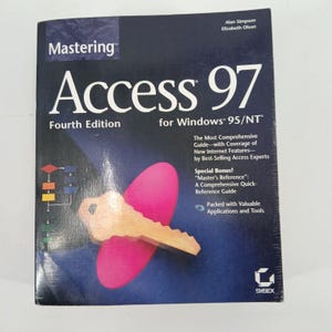 May include: A dark blue softcover book titled Mastering Access 97 Fourth Edition for Windows 95/NT by Alan Simpson and Elizabeth Olson. The cover features a large tan key graphic over a pink oval, a flowchart diagram, and Sybex branding.