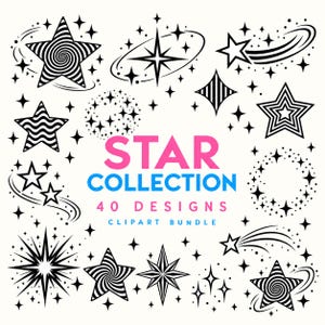 Può includere: Una collezione di illustrazioni di stelle in bianco e nero con vari motivi, tra cui spirali, strisce e punte radianti. Il testo centrale recita STAR COLLECTION 40 DESIGNS CLIPART BUNDLE, con STAR in rosa e il resto in blu.