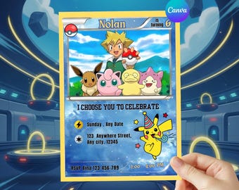 Pikachu Birthday Invitation, Red Yellow Cartoon Style, Editable Canva Template (Digital File)