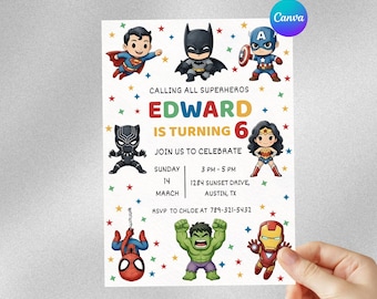 Superhero Birthday Invitation: Editable Canva Kids Party Invite (Digital Download)