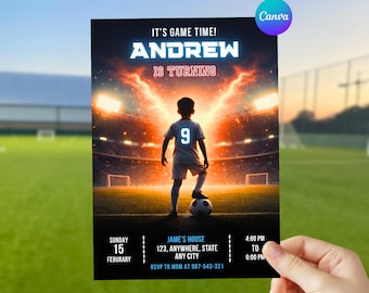 Editable Soccer Birthday Invitation, Football Evite, Canva Template (Digital Download)