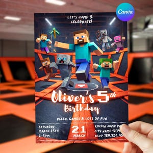 May include: A birthday party invitation featuring Minecraft characters. The invitation reads "Oliver's 5th Birthday" with details for pizza, games, and fun. The date is March 25th, 2-5 PM. The invitation is held by a hand.