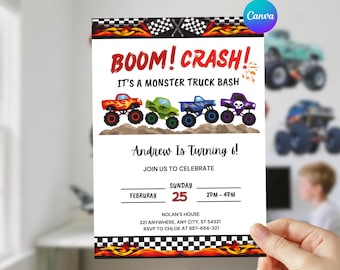 Monster Truck Birthday Invitation: Watercolor Trucks Party (Canva Template Digital Download 5x7" )