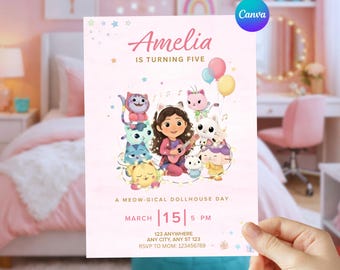 Gabbys Dollhouse Inspired Birthday Invitation: Pastel Watercolor, Editable Template (Digital Download)