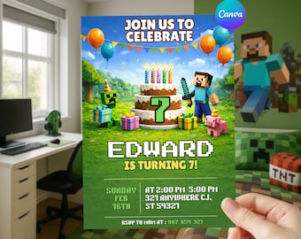 Editable Pixel Birthday Invitation | Minecrafter Digital Template Canva Download | Block Party Invite Gamer Birthday Invitation for Boys