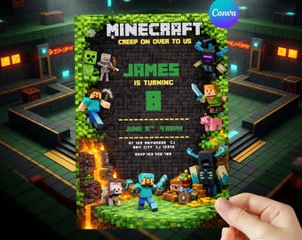 Editable Pixel Birthday Invitation | Pixel Theme Digital Template Canva Download | Block Party Invite Gamer Birthday Invitation for Boys