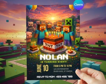 Minecraftrr Editable Trending Birthday Party Invitation,  Canva Template, Tnt block cake, Birthday Invite, Digital Invite