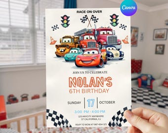 Cars Birthday Invitation,Race cars, Editable Canva Template (Digital Download)