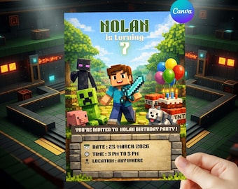 Editable pixel Birthday Invitation | Pixel Theme Digital Template Canva Download | Block Party Invite Gamer Birthday Invitation for Boys