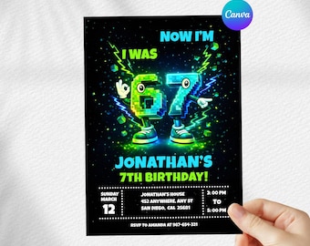 Retro Pixel 7th Birthday Invitation, Gaming Theme (Digital Download, 5x7 in Canva Template )