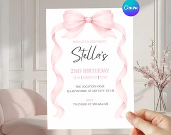 Pink Bow Birthday Invitation: Girl Party Invite, 5x7 (Canva Template)