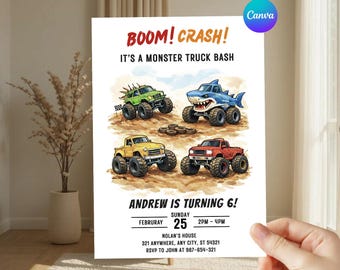 Monster Truck Birthday Invitation, Editable Canva Template