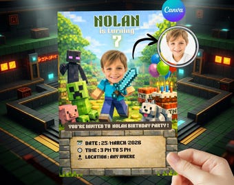 Personalized pixel block Card Birthday Invitation with Picture Photo Printable Editable Template Digital or Printed Birthday Invitation Boy