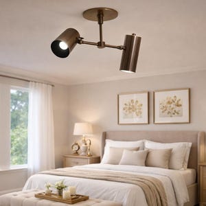 Adjustable Brass Patina Twin Cylinder Ceiling Light – Rotating Spotlight Fixture, Mid Century Focus Light for Study, Office & Home