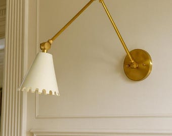 Handmade Brass Swing Arm Wall Sconce | Cut-Out Shade Wall Light | Adjustable Brass Lamp | Mid-Century Bedroom, Hallway, Living Room Lighting