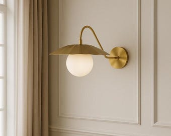 Handmade Brass Floral Wall Sconce | Mid Century Modern Opal Glass Light | Artistic Wall Lamp
