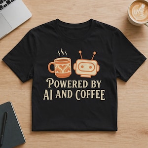 Może przedstawiać: Czarny t-shirt z krótkim rękawem z grafiką przedstawiającą pomarańczowy kubek do kawy i głowę robota. Poniżej grafiki znajduje się napis "POWERED BY AI AND COFFEE" wykonany jasną czcionką szeryfową, umieszczony centralnie na klatce piersiowej.