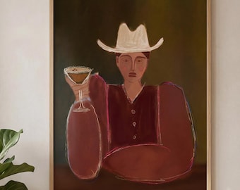 Western Cowboy Wall Art Print, Modern Minimalist Portrait Poster, Vintage Style Figure with Cocktail, Unique Gift for Him