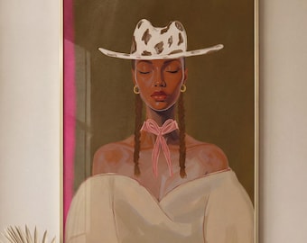 Black Cowgirl Wall Art Print, Modern Western Woman Portrait Poster, Afro Feminine Decor, Neutral Aesthetic Gift for Her
