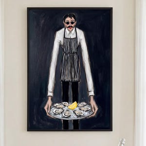 May include: An oil painting of a server holding a platter of oysters and a lemon. The server wears a white shirt, black trousers, and a striped apron. A table is set with champagne flutes, a bowl of lemons, and a champagne bucket.