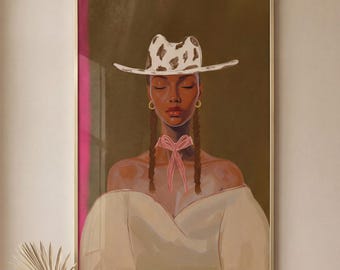 Black Woman Cowgirl Wall Art Print, Modern Western Portrait, Afro Feminine Decor Poster, Digital Download Gift for Her
