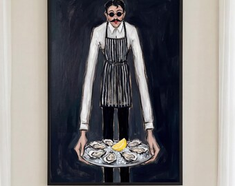 Oyster Wall Art, French Bistro Poster, Moody Kitchen Print, Quirky Waiter Portrait, Dining Room Decor, Dark Academia Digital Download
