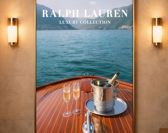 Luxury Yacht Wall Art Print, Old Money Aesthetic Poster, Lake View Champagne Scene, Elegant Summer Decor, Classic Lifestyle Artwork