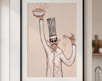 Italian Chef Wall Art, Pasta Kitchen Poster, Spaghetti Cooking Print, Quirky Trattoria Portrait, Whimsical Bistro Decor, Foodie Gift