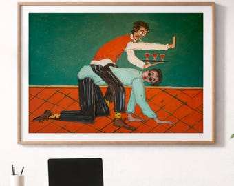Funny Waiter Poster Print – Playful Restaurant Scene Wall Art, Contemporary Figurative Painting, Bar Decor Artwork