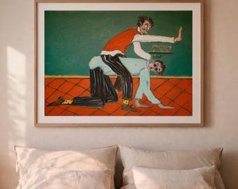 Funny Waiter Poster Print – Playful Restaurant Scene Wall Art, Contemporary Figurative Painting, Bar Decor Artwork