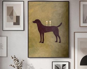 Whimsical Dog Wall Art with Champagne Glasses – Textured Vintage Style Funny Animal Poster Printable