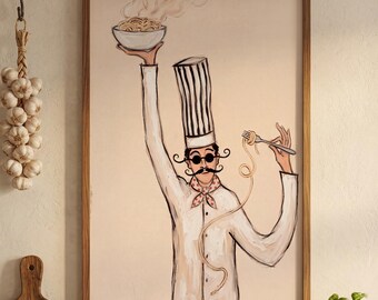 Italian Chef Printable, Pasta Kitchen Poster, Spaghetti Wall Art, Quirky Trattoria Portrait, Whimsical Bistro Decor, Foodie Digital Download