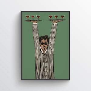 Affiche surréaliste représentant un serveur – Art figuratif expressif, peinture sur plateau à vin, décoration murale contemporaine pour bar