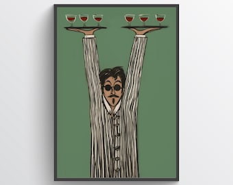 Surreal Waiter Poster Print – Expressive Figurative Art, Wine Tray Painting, Contemporary Bar Wall Decor