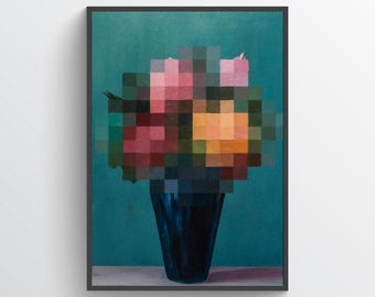Abstract Pixel Floral Wall Art Print, Modern Geometric Flower Poster, Color Block Vase Artwork, Contemporary Minimalist Decor