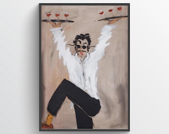 Funny Waiter Wall Art Print – Modern Restaurant Decor | Bartender Artwork for Kitchen, Cafe & Wine Lovers