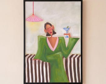 Martini in the Bedroom Wall Art Print, Giclee Fashion Illustration Poster, Chic Cocktail Woman Artwork, Modern Feminine Bedroom Decor