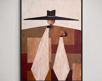 Modern Woman in Hat Wall Art Print, Surreal Abstract Portrait Poster, Minimalist Giclee Artwork, Contemporary Neutral Decor