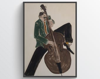 Mid Century Jazz Bassist Art Print Elegant Music Wall Decor
