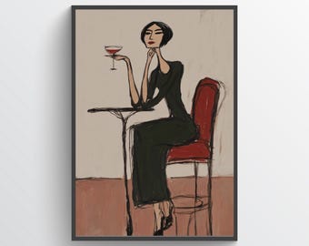Woman Wine Glass Poster, Bar Cart Decor, Minimalist Fashion Portrait, Vintage Cafe Wall Decor, Gift For Her