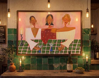 Friday at Five Wall Art Print, Modern Cocktail Illustration Poster, Stylish Girls Night Artwork, Colorful Dining Scene Decor