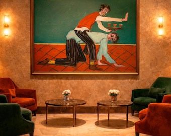 Funny Waiter Poster Print – Playful Restaurant Scene Wall Art, Contemporary Figurative Painting, Bar Decor Artwork